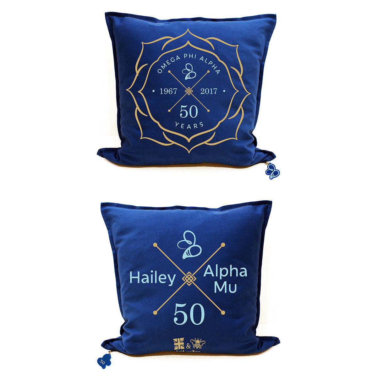 Brit and Bee Sorority Logo Throw Pillow - Omega Phi Alpha '50'