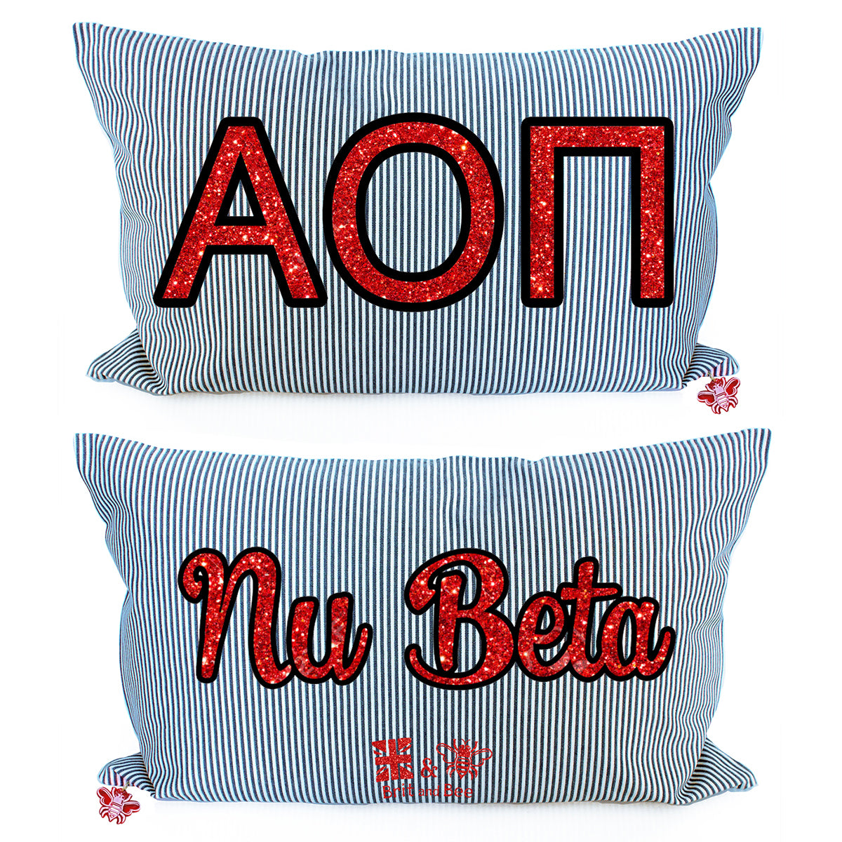 Brit and Bee Sorority Glitter Ticking Stripe Throw Pillow Alpha Omicron Pi