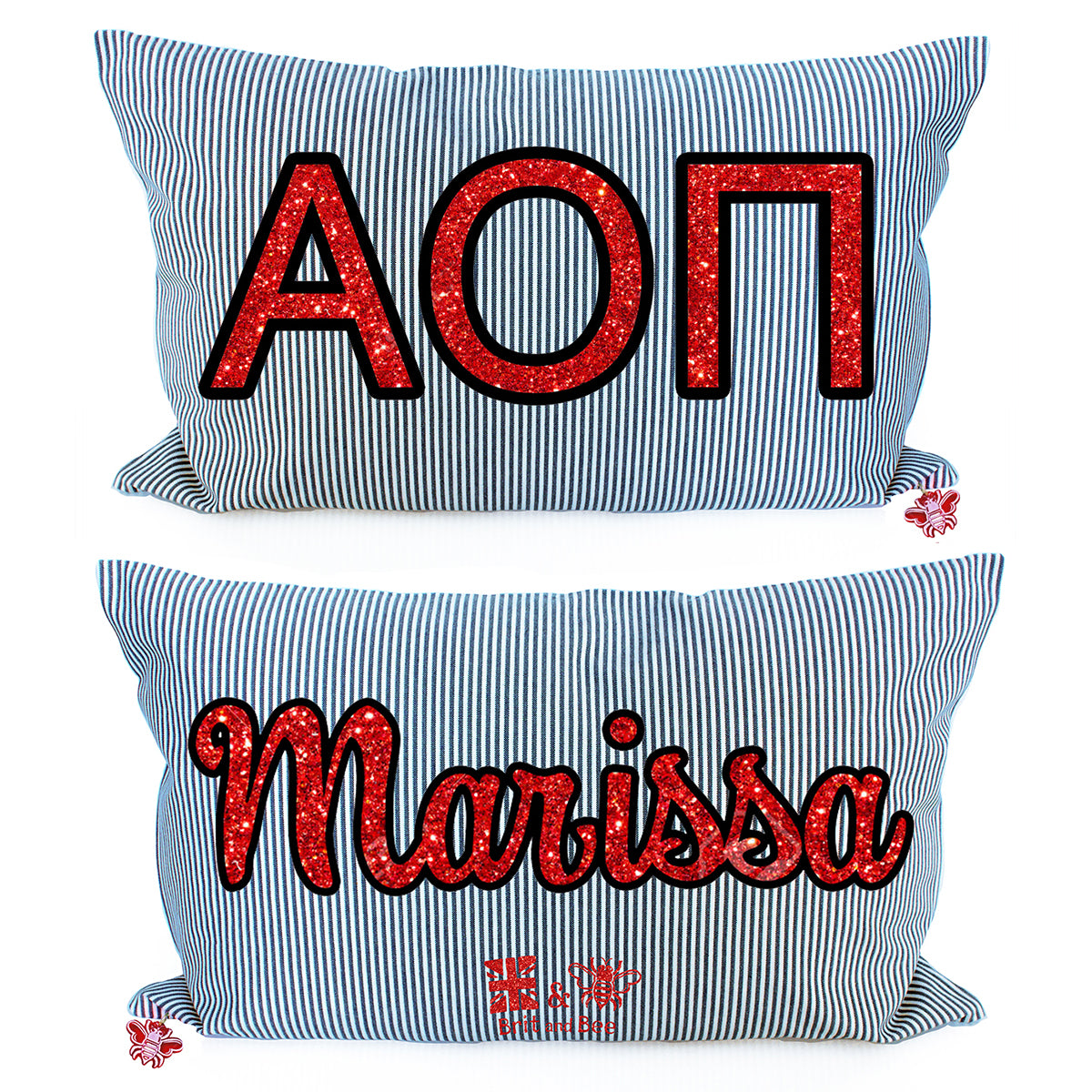 Brit and Bee Sorority Glitter Ticking Stripe Throw Pillow Alpha Omicron Pi