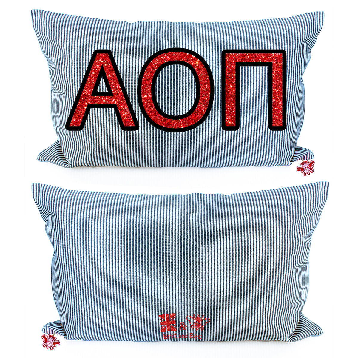 Brit and Bee Sorority Glitter Ticking Stripe Throw Pillow Alpha Omicron Pi