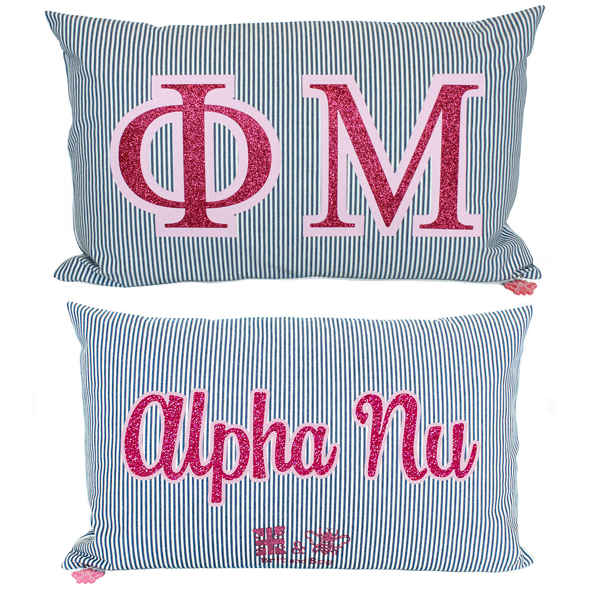 Brit and Bee Sorority Glitter Ticking Stripe Throw Pillow Phi Mu