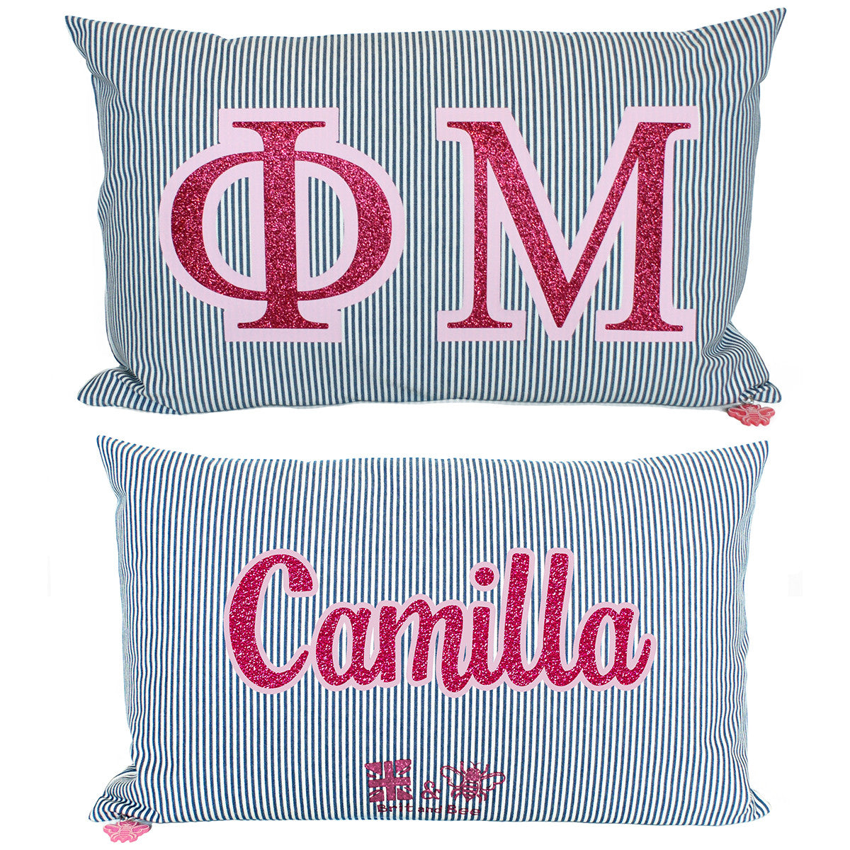 Brit and Bee Sorority Glitter Ticking Stripe Throw Pillow Phi Mu