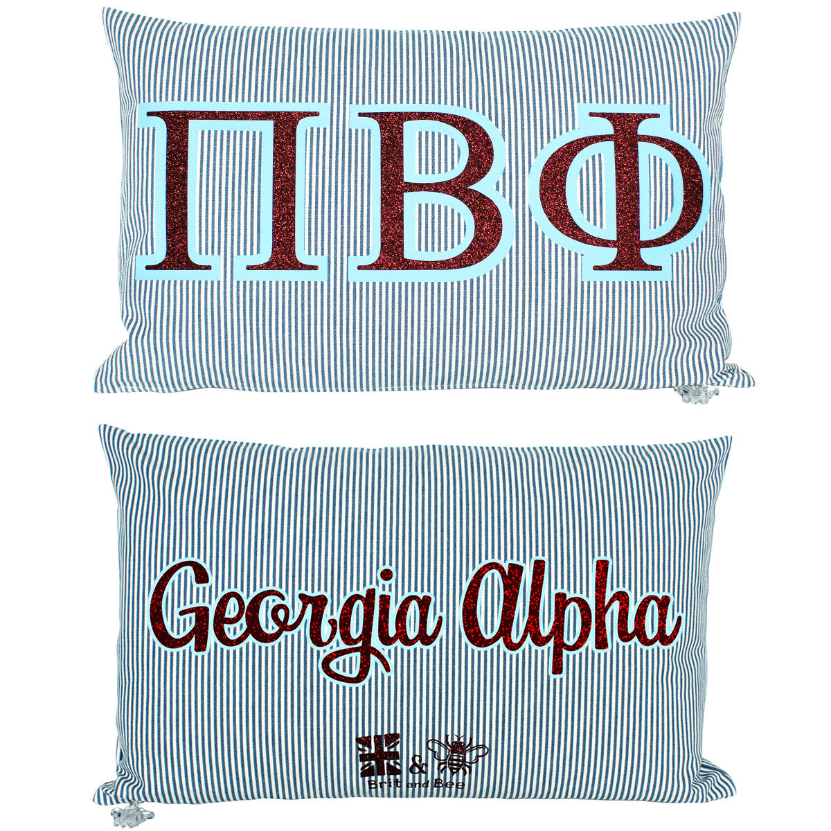 Brit and Bee Sorority Glitter Ticking Stripe Throw Pillow Pi Beta Phi