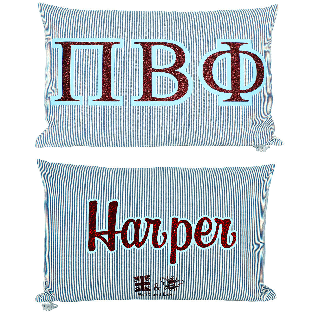 Brit and Bee Sorority Glitter Ticking Stripe Throw Pillow Pi Beta Phi