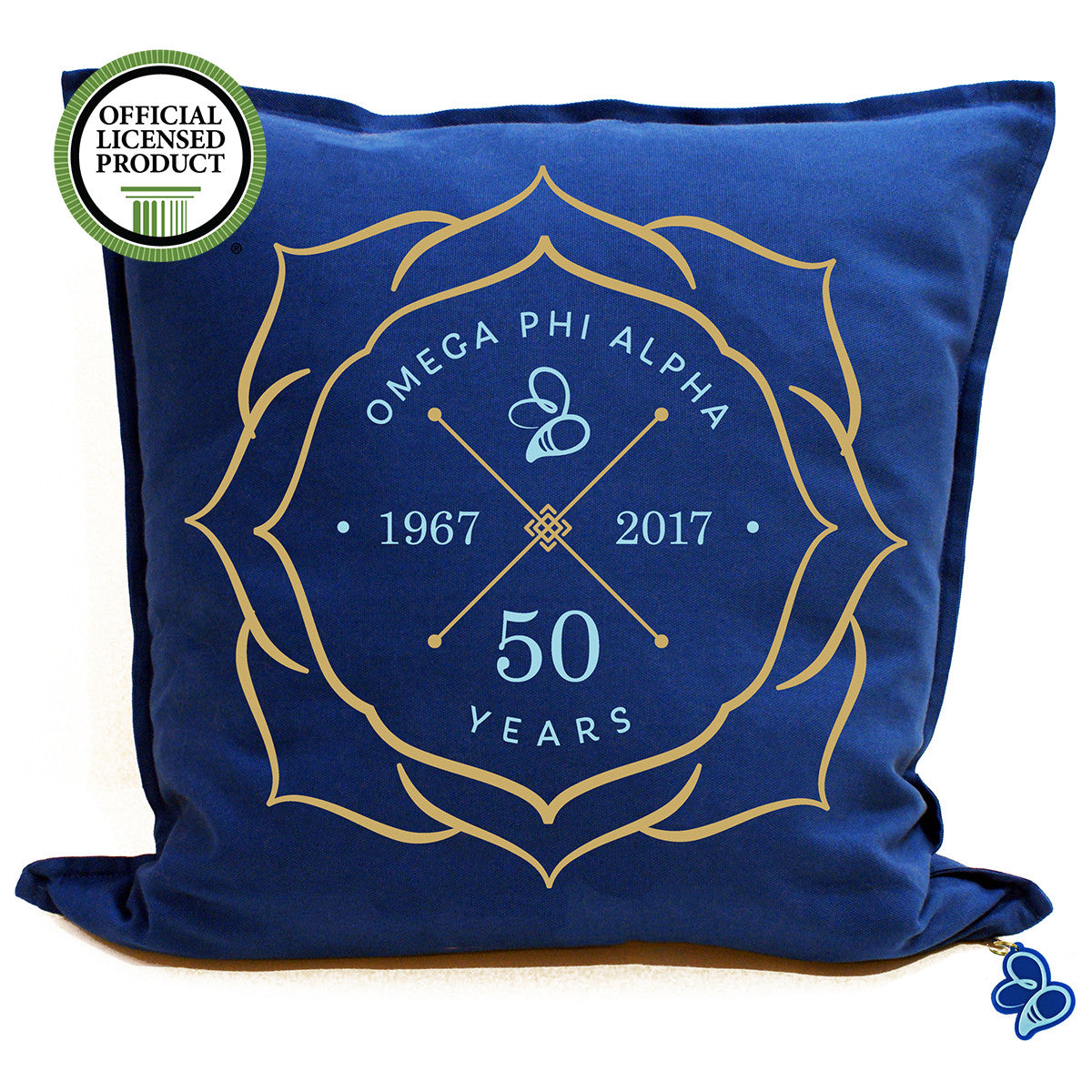 Brit and Bee Sorority Logo Throw Pillow - Omega Phi Alpha '50' FRONT