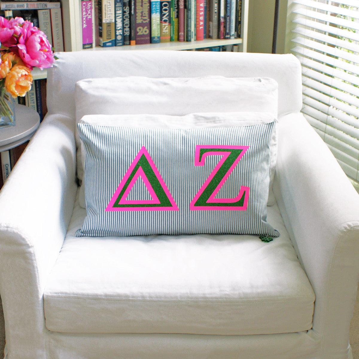 Brit and Bee Sorority Glitter Ticking Stripe Throw Pillow Delta Zeta
