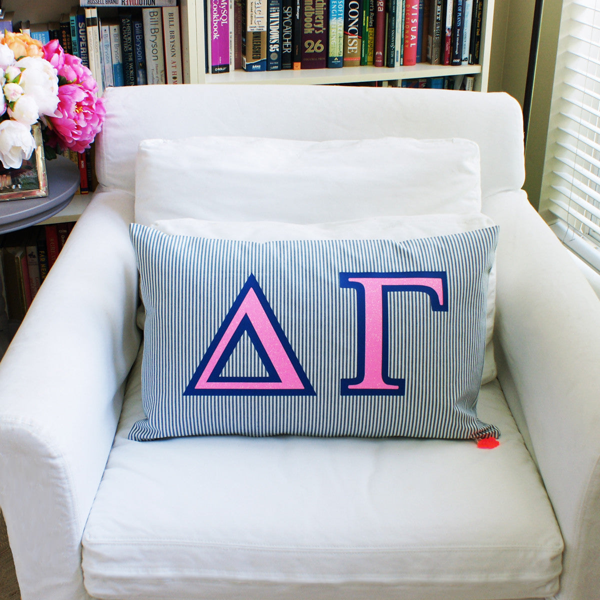 Brit and Bee Sorority Glitter Ticking Stripe Throw Pillow - Delta Gamma