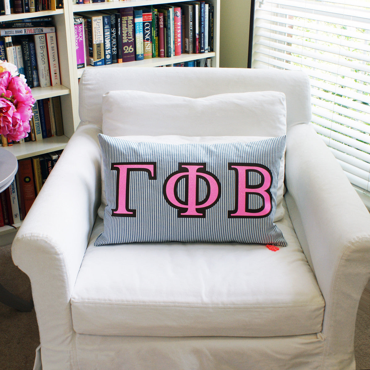 Brit and Bee Sorority Glitter Ticking Stripe Throw Pillow Gamma Phi Beta CHAIR