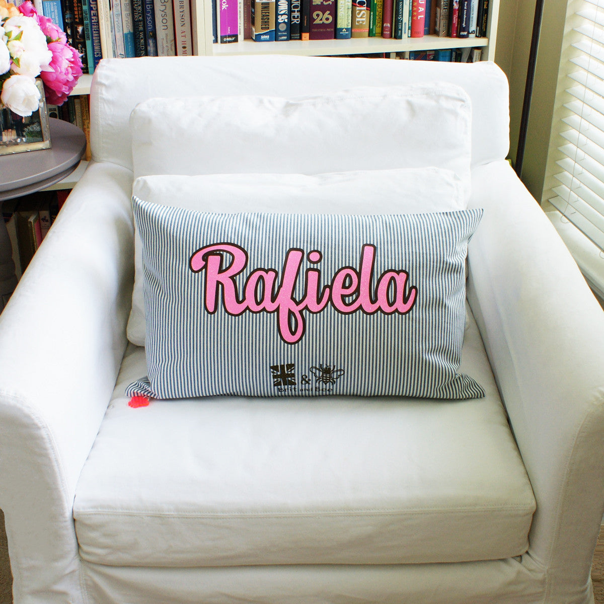 Brit and Bee Sorority Glitter Ticking Stripe Throw Pillow Gamma Phi Beta BACK on Chair