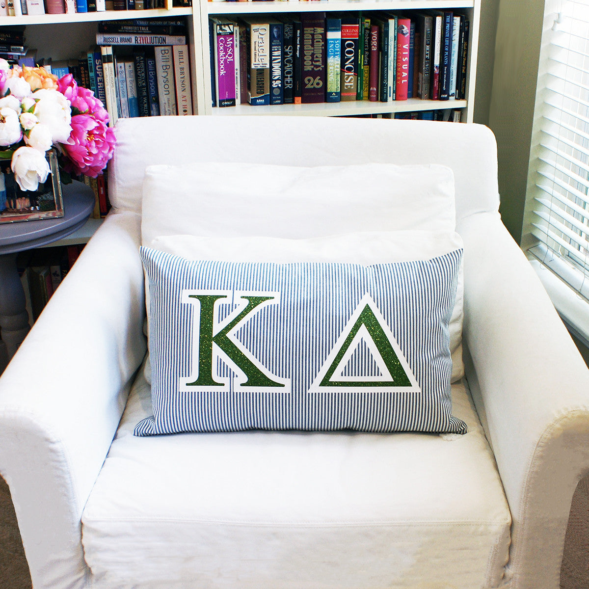 Brit and Bee Sorority Glitter Ticking Stripe Throw Pillow Kappa Delta