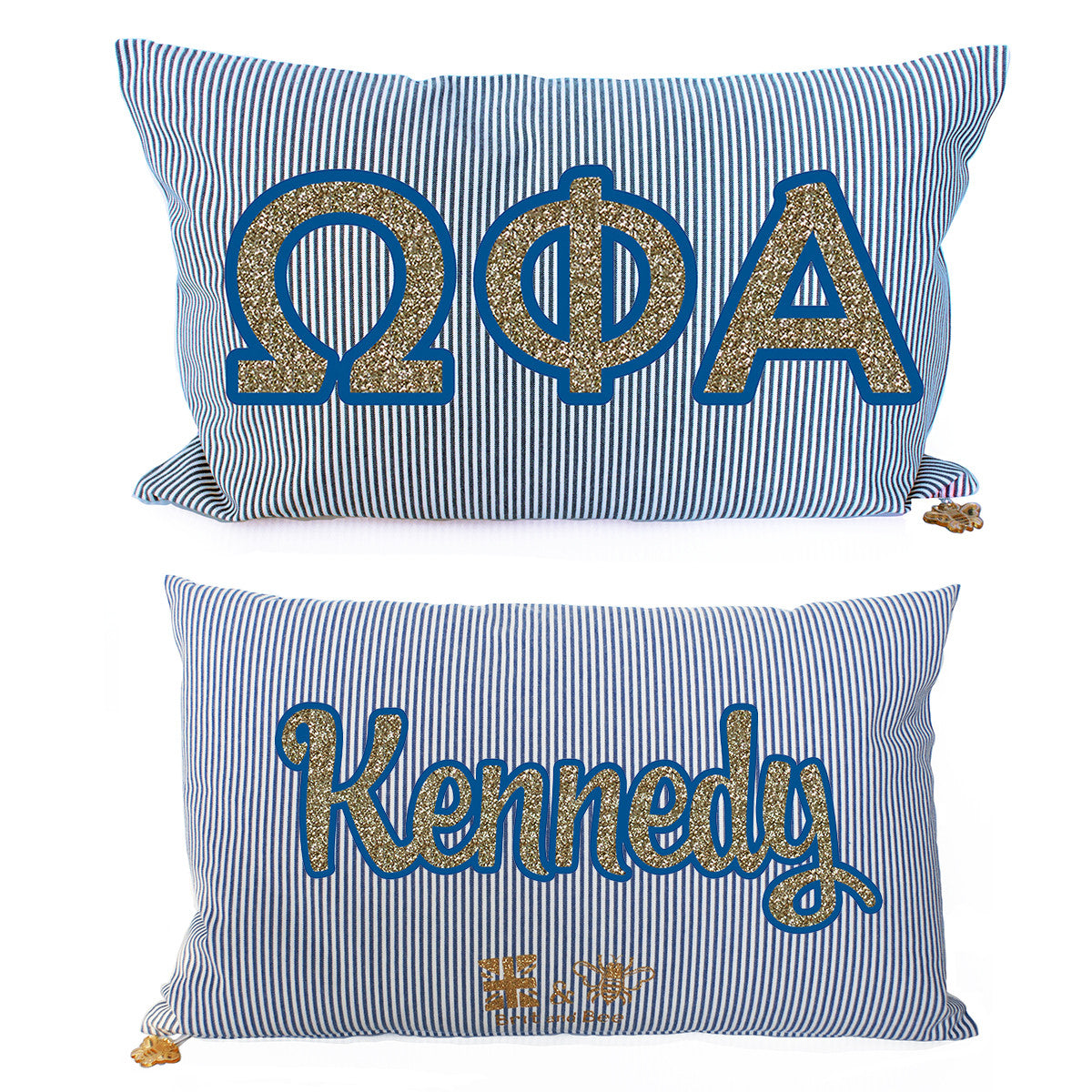 Brit and Bee Sorority Glitter Ticking Stripe Throw Pillow Omega Phi Alpha