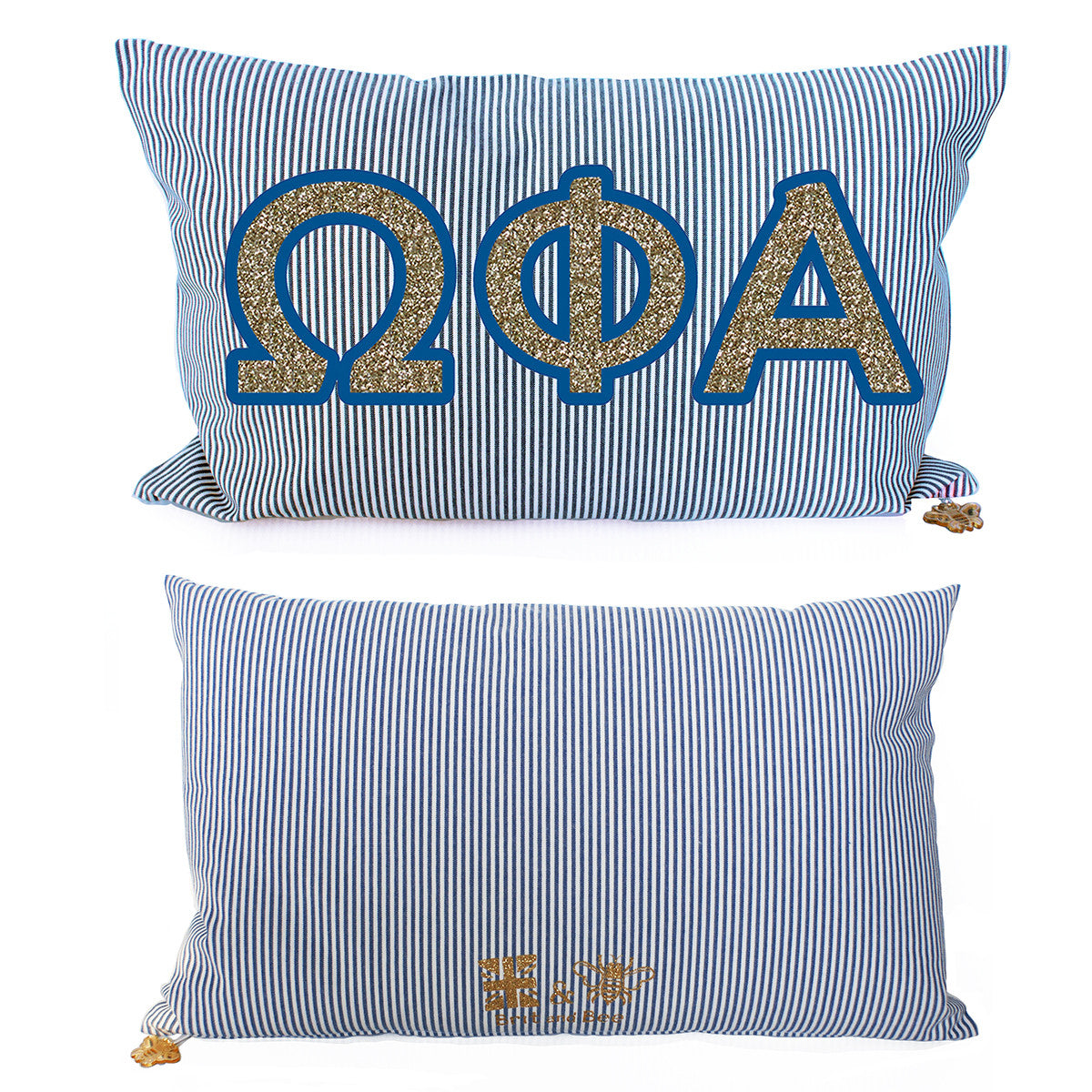 Brit and Bee Sorority Glitter Ticking Stripe Throw Pillow Omega Phi Alpha
