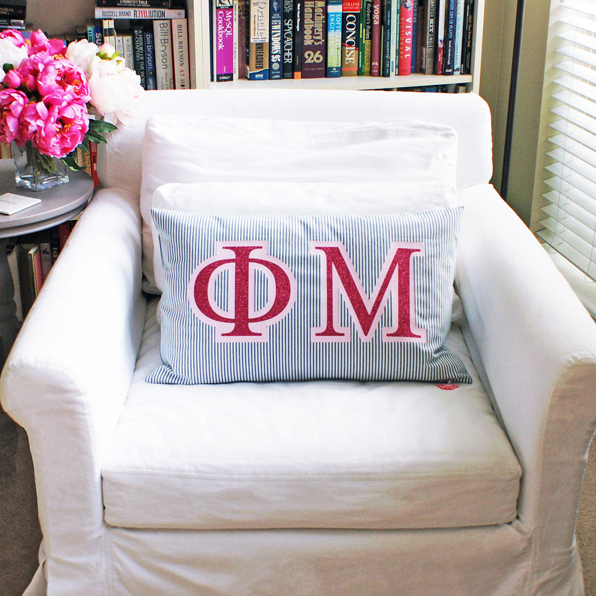 Brit and Bee Sorority Glitter Ticking Stripe Throw Pillow Phi Mu