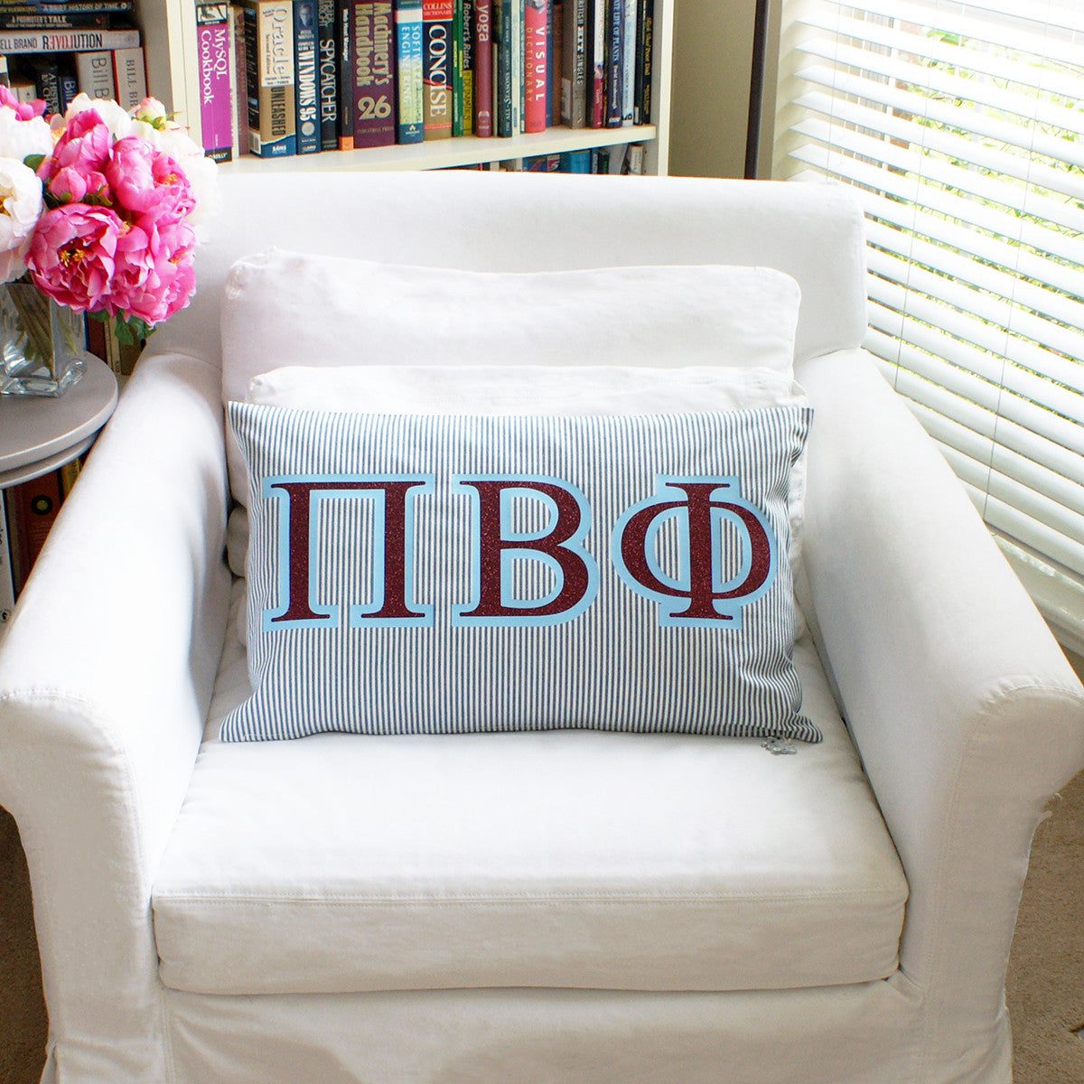 Brit and Bee Sorority Glitter Ticking Stripe Throw Pillow Pi Beta Phi