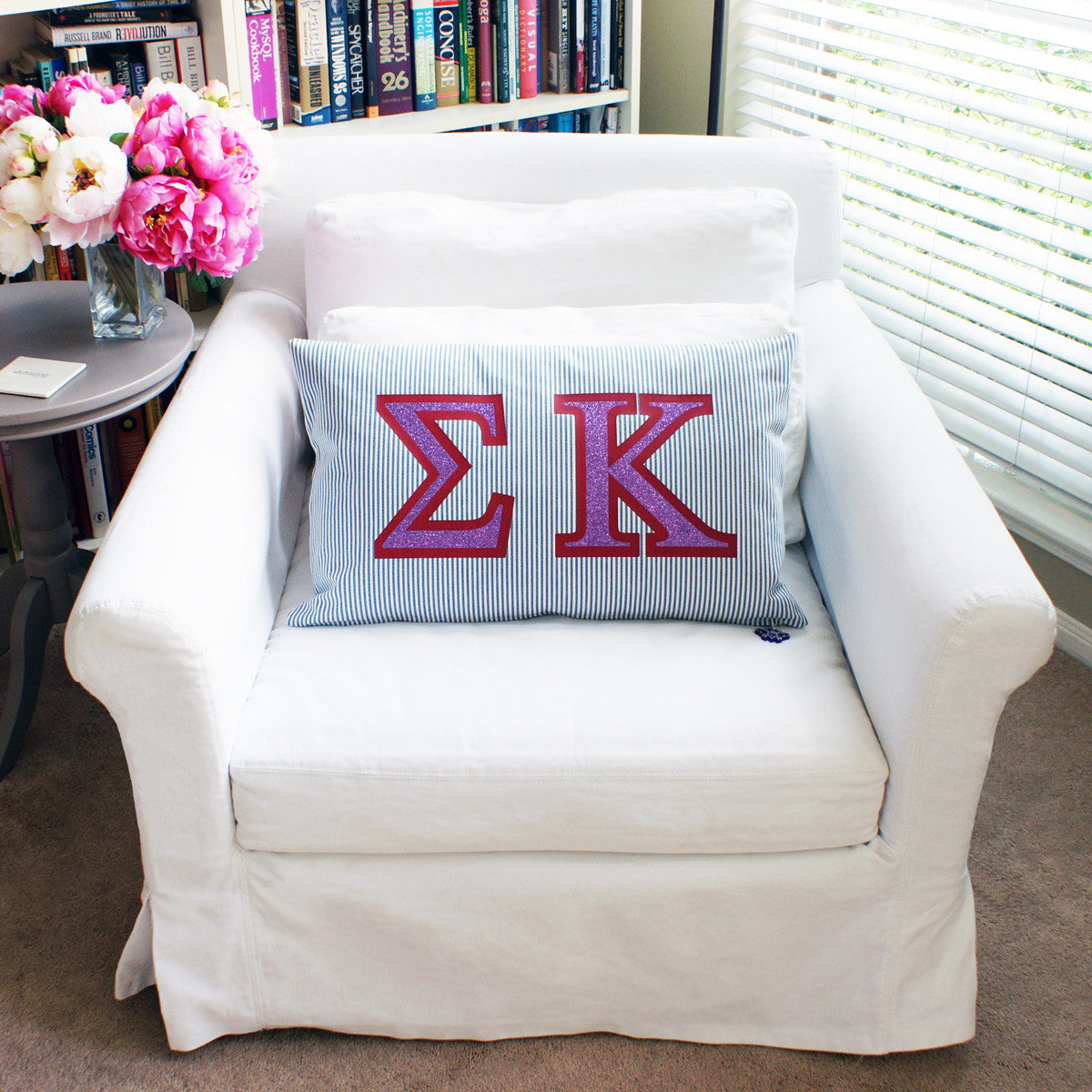 Brit and Bee Sorority Glitter Ticking Stripe Throw Pillow Sigma Kappa FRONT