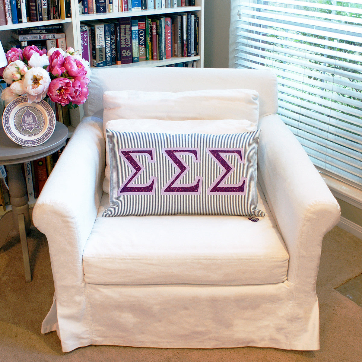 Brit and Bee Sorority Glitter Ticking Stripe Throw Pillow Tri Sigma