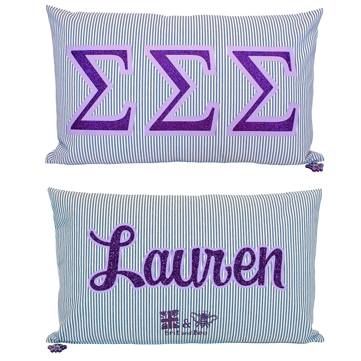 Brit and Bee Sorority Glitter Ticking Stripe Throw Pillow Tri Sigma