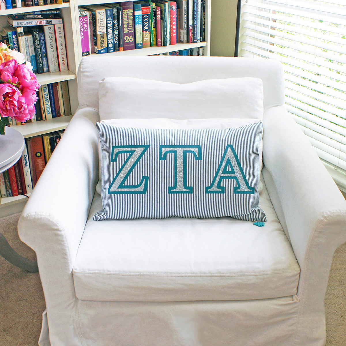 Brit and Bee Sorority Glitter Ticking Stripe Throw Pillow Zeta Tau Alpha