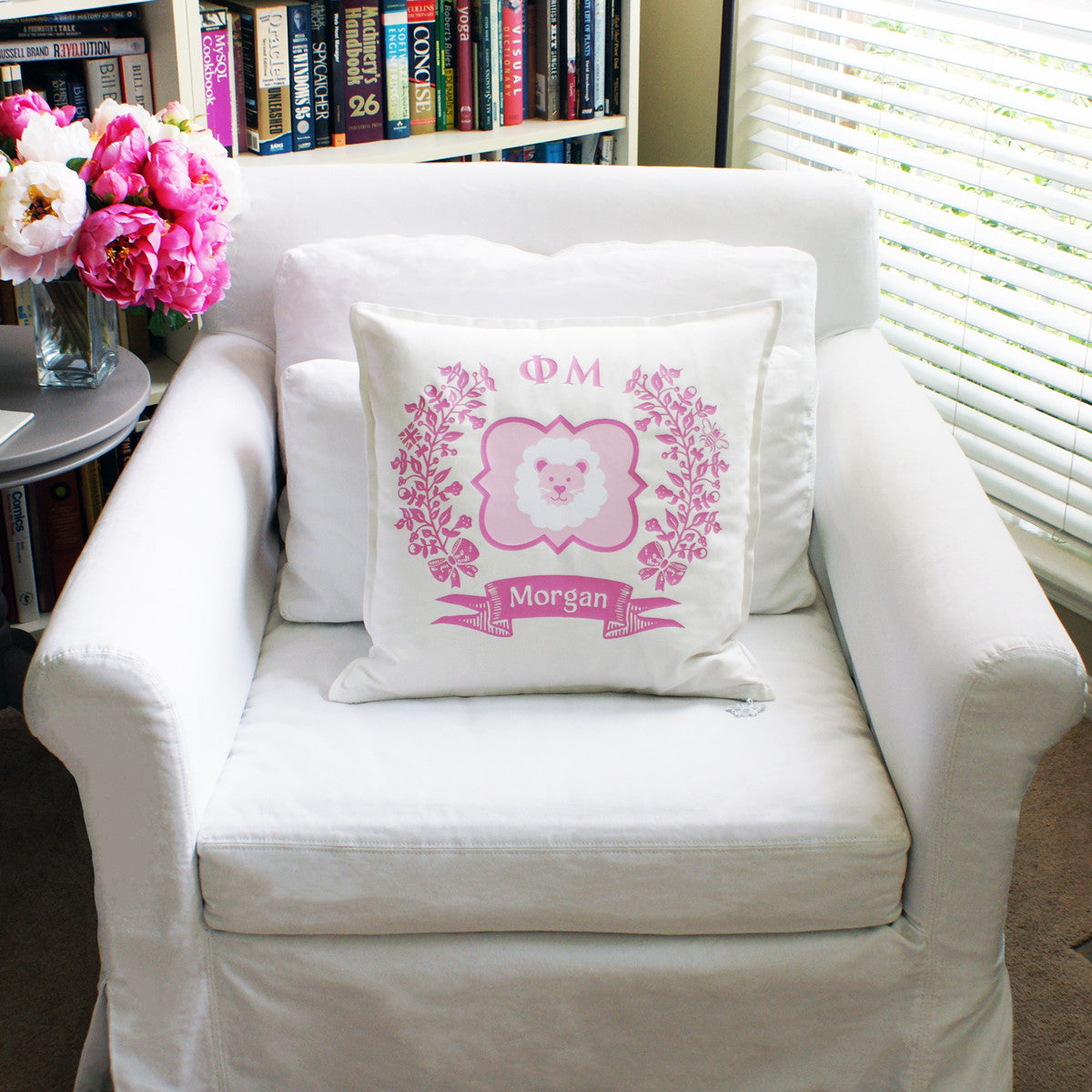 Brit and Bee Sorority Logo Throw Pillow - Phi Mu