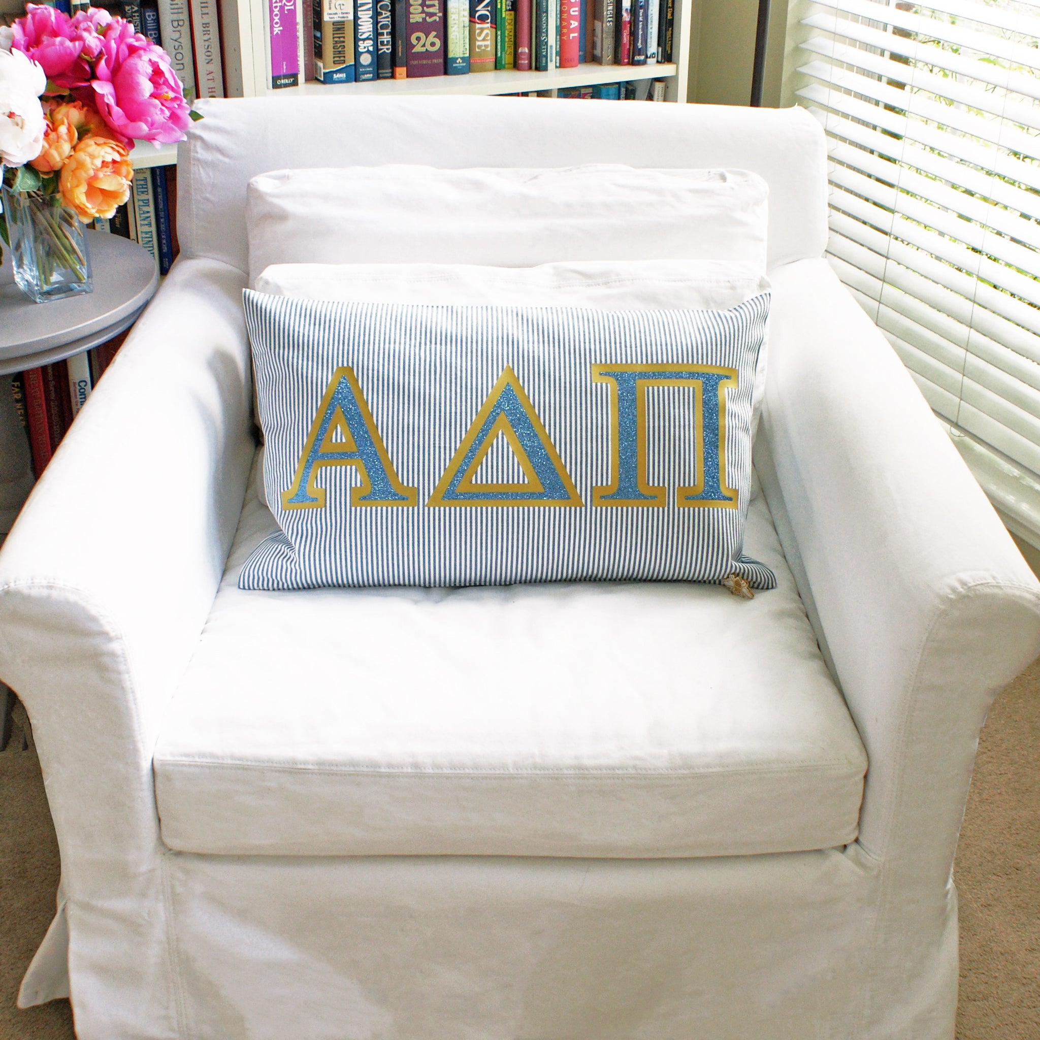 Brit and Bee Sorority Glitter Ticking Stripe Throw Pillow Alpha Delta Pi