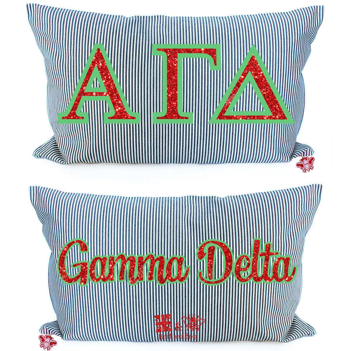 Brit and Bee Sorority Glitter Ticking Stripe Throw Pillow Alpha Gamma Delta