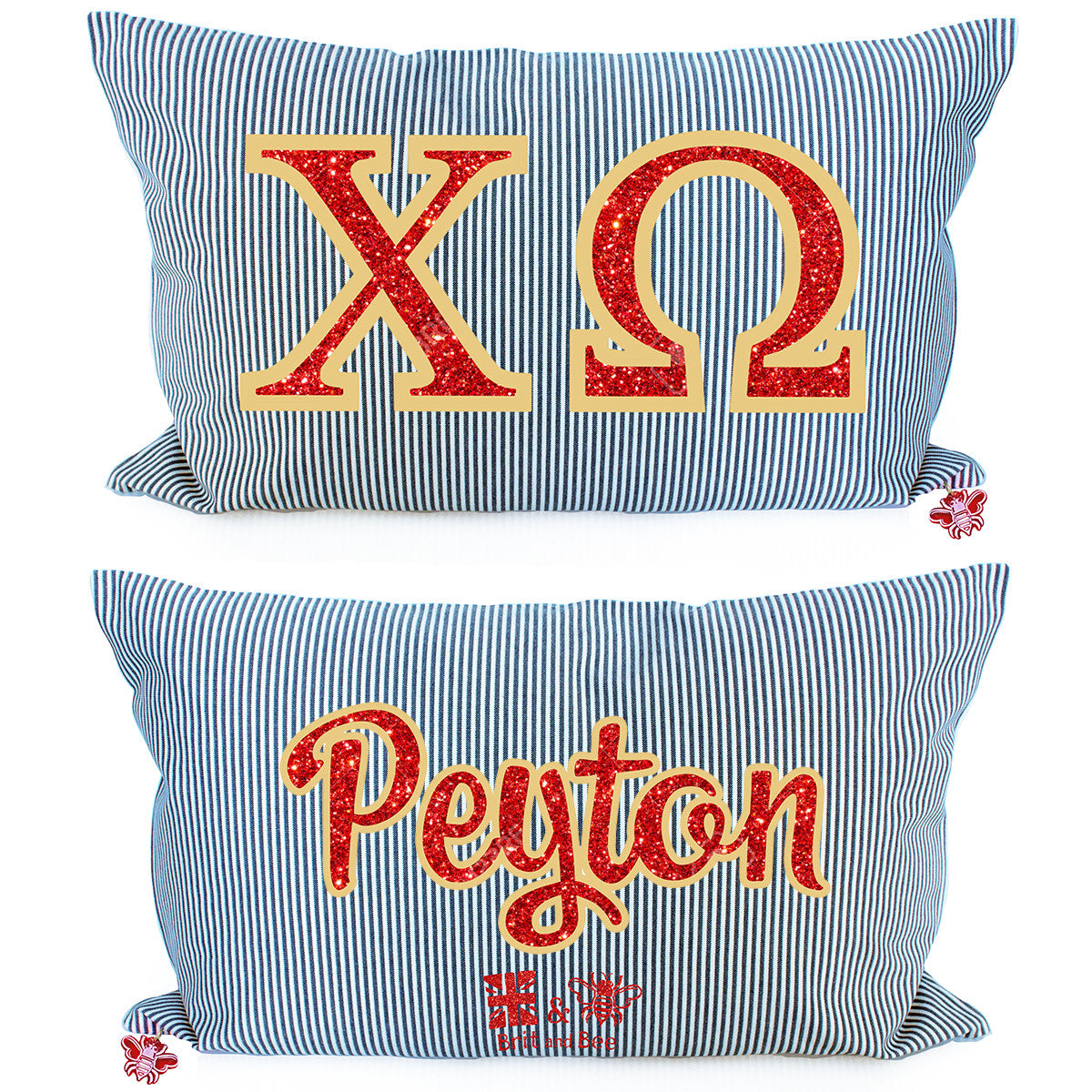 Brit and Bee Sorority Glitter Ticking Stripe Throw Pillow Chi Omega
