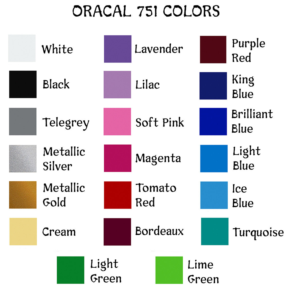 Brit and Bee Oracal Vinyl Colour Chart
