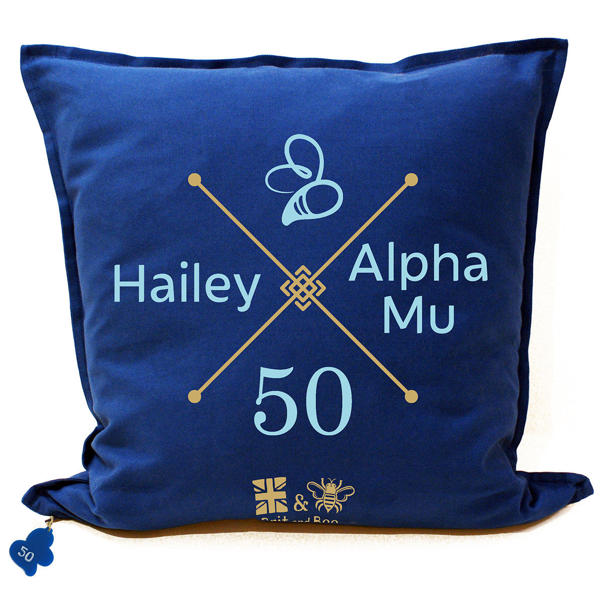 Brit and Bee Sorority Logo Throw Pillow - Omega Phi Alpha '50' BACK