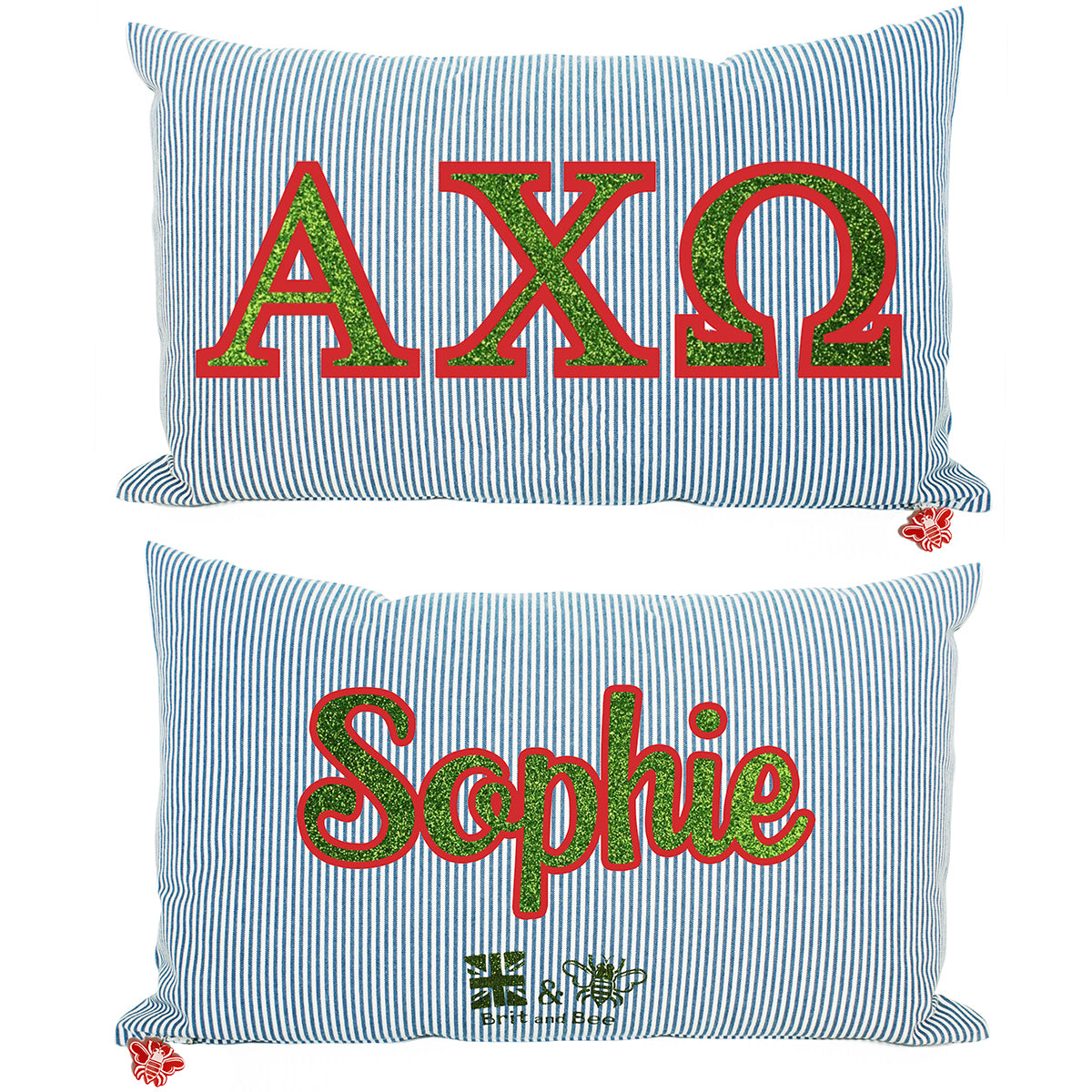 Brit and Bee Sorority Glitter Ticking Stripe Throw Pillow Alpha Chi Omega